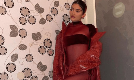 Kylie Jenner red see-through jumpsuit