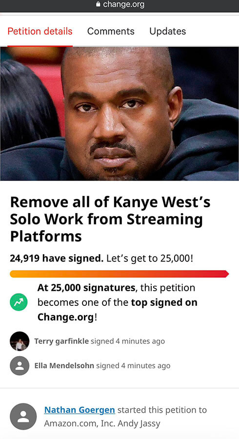 Remove Kanye Music From Steaming Platforms Petition