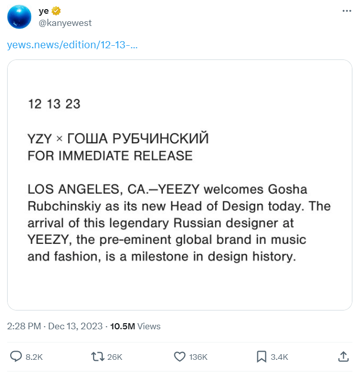 Gosha Rubchinskiy YEEZY Announcement